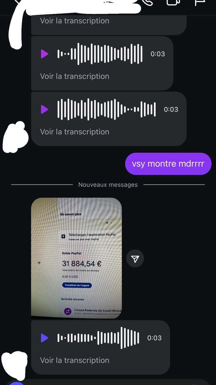 Conversation : un membre envoie une photo de son solde PayPal de 31 884,54 €.