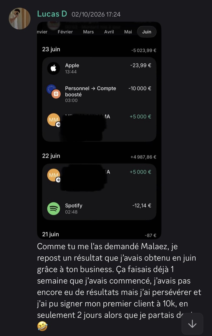 Message de Lucas D : relevé bancaire avec deux virements de 5 000 € et témoignage sur son premier client signé à 10k.