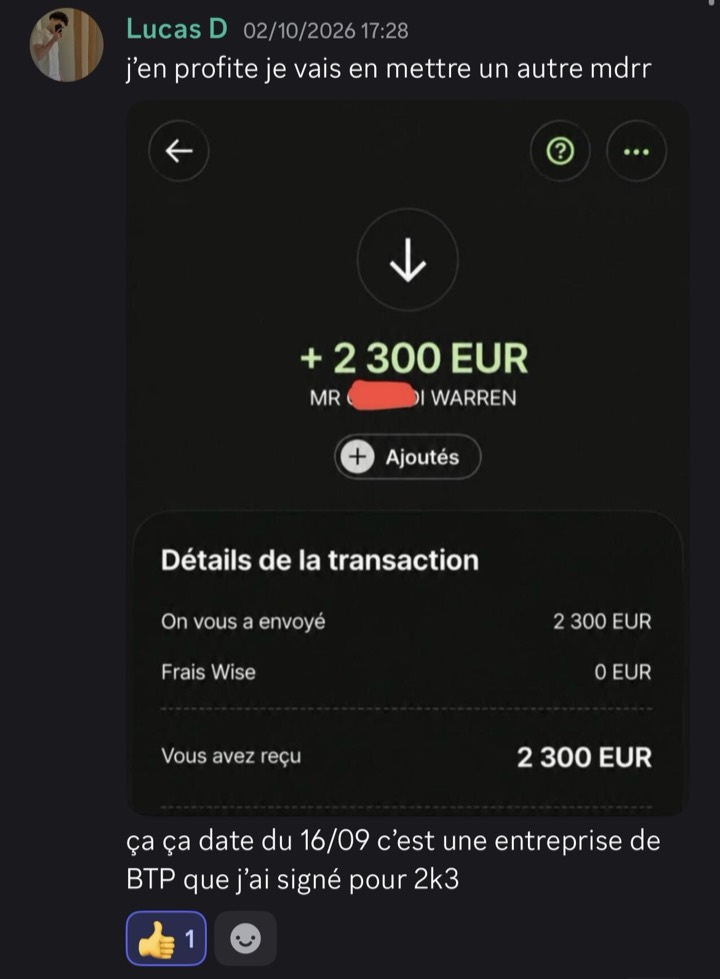 Message de Lucas D : virement Wise de 2 300 € d'une entreprise du BTP.