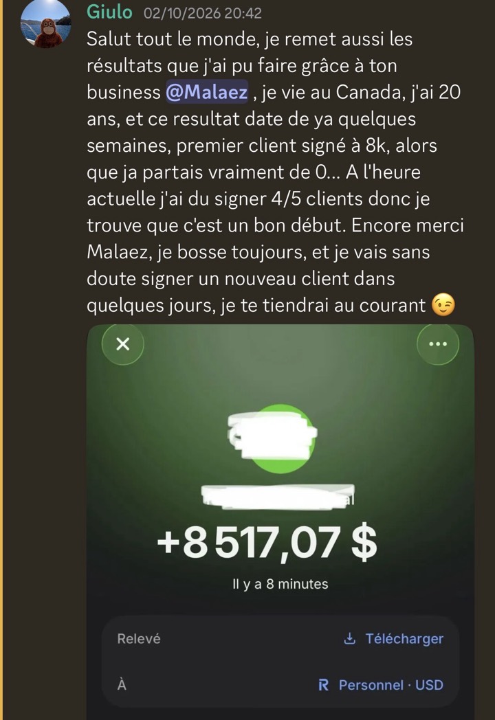 Message de Giulo : virement de 8 517,07 $ et témoignage sur son premier client signé à 8k, puis 4 à 5 clients.