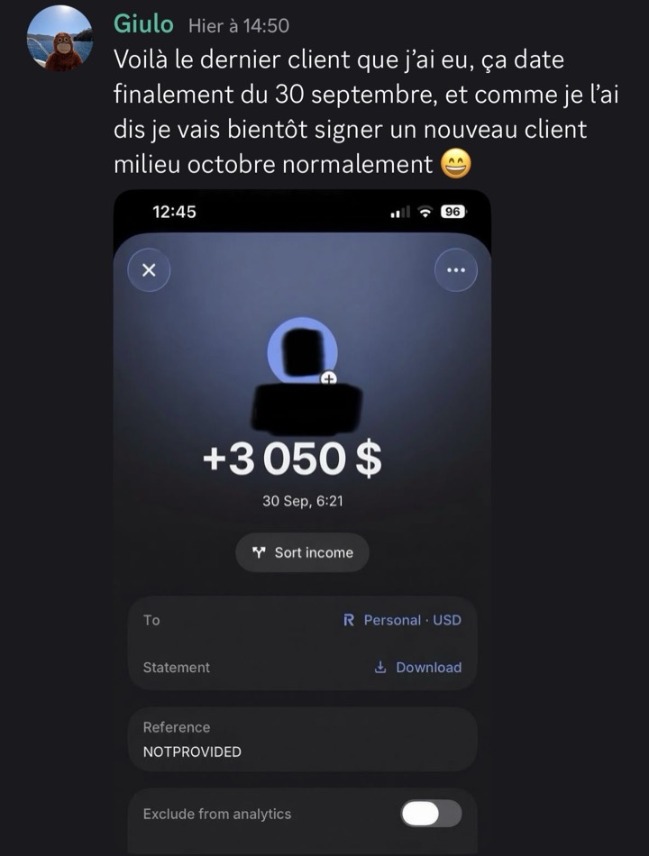 Message de Giulo : virement de 3 050 $ du 30 septembre.