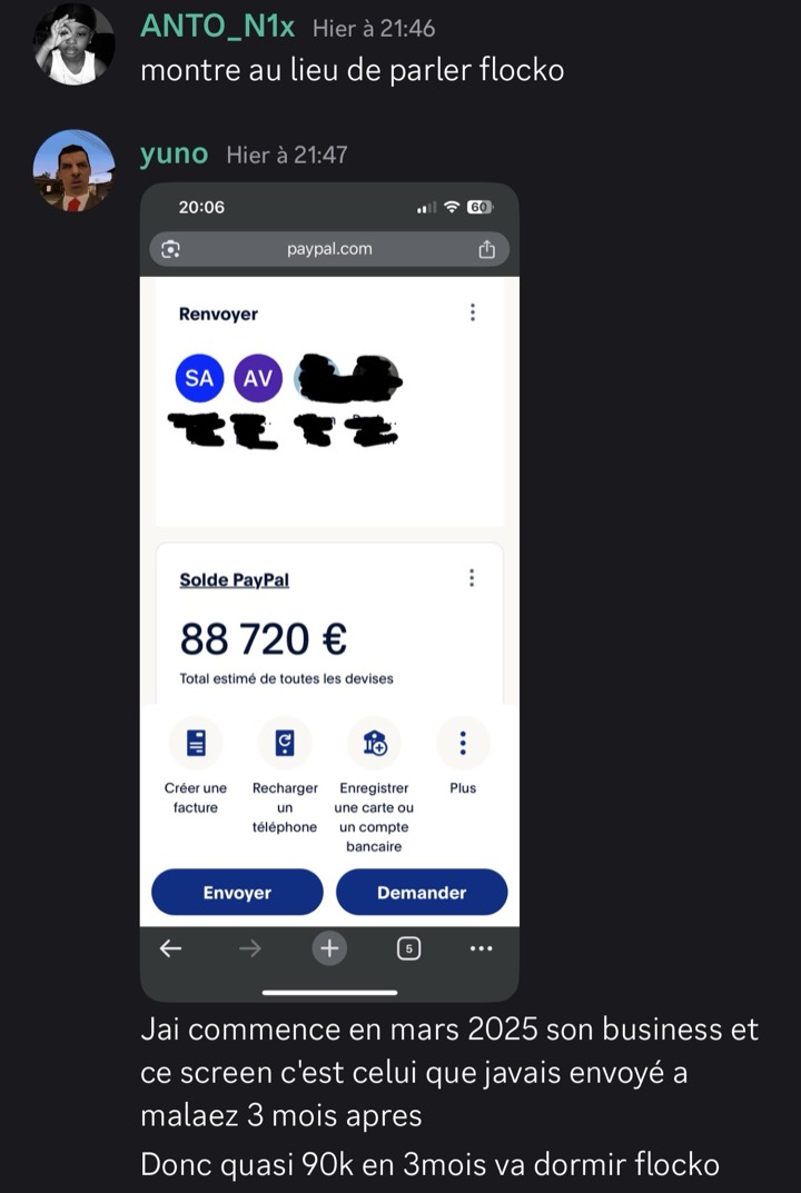 Message de yuno : solde PayPal de 88 720 €, capture envoyée 3 mois après avoir commencé en mars 2025.