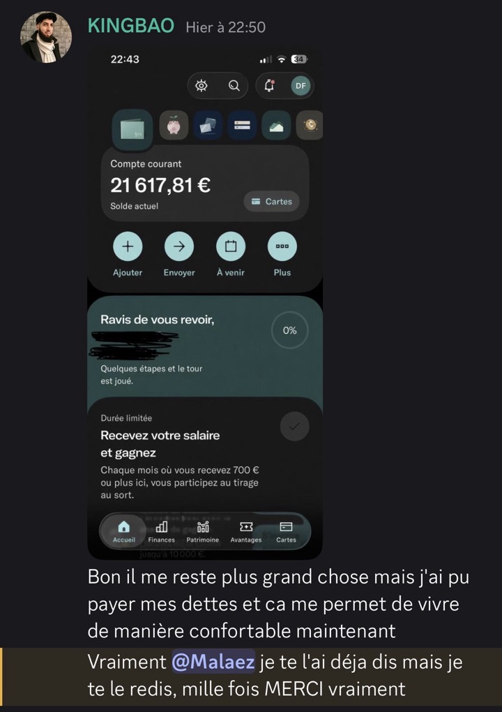 Message de KINGBAO : compte courant à 21 617,81 € et remerciements, il a pu payer ses dettes.