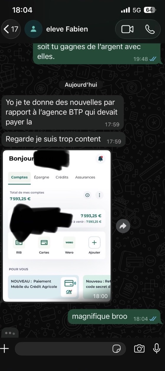 Conversation WhatsApp avec l'élève Fabien : nouvelles de l'agence BTP qui devait payer, compte à 7 593,25 €.