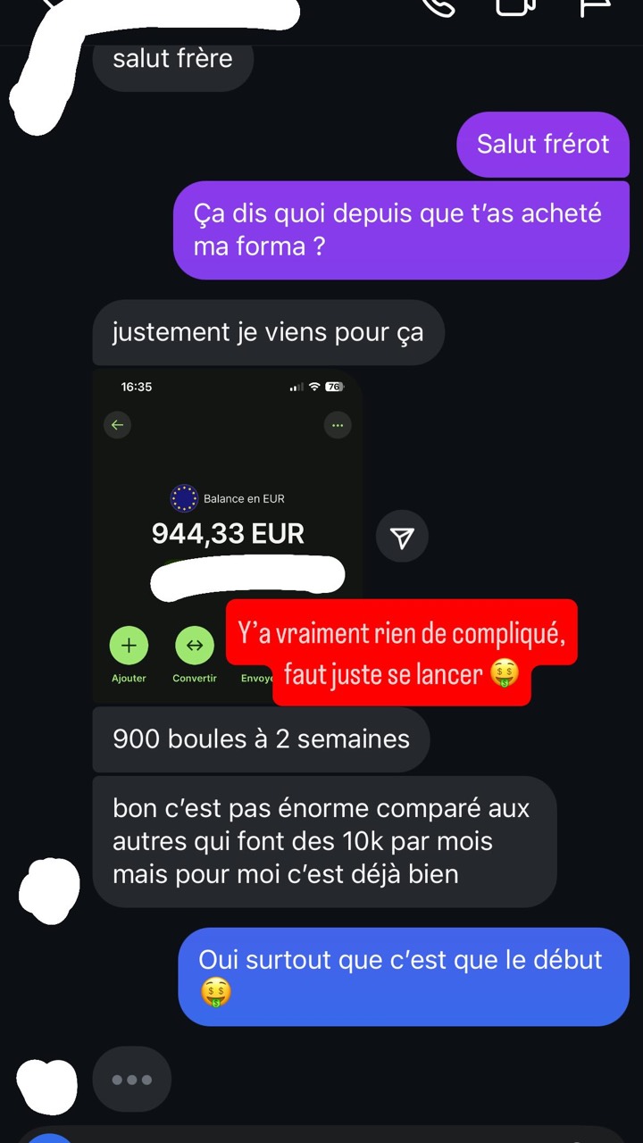 Conversation : un membre ayant acheté la formation montre un solde de 944,33 € et écrit « 900 boules à 2 semaines ».