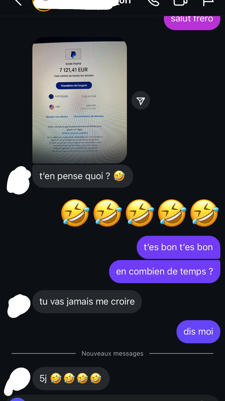 Conversation : solde PayPal de 7 121,41 € et réponse « 5j » à la question « en combien de temps ? ».